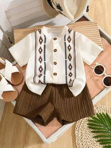 Set de 2 piezas: Camisa de manga corta con botones y estampado para niños pequeños, con tela a rayas texturizada. Pantalones cortos de unicolor con cintura elástica, adecuado para uso diario casual y salidas - Albaricoque - Ver 2