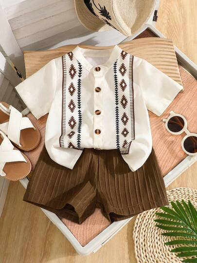 Set de 2 piezas para niño bebé: Camisa de manga corta con botones y estampado retro en color albaricoque, Pantalones cortos de tela texturizada a rayas con cintura elástica en unicolor café, Adecuado para uso diario casual y salidas