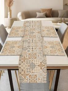 1 buc. Șervețel de masă imprimat cu model geometric, 4 buc. șervețele imprimate cu model geometric, potrivite pentru sărbători, petreceri, zile de naștere, cine festive, decor de masă pentru bucătărie și sufragerie, aplicabile pentru toate anotimpurile, decorațiuni textile pentru casă