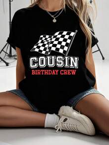 Camiseta de Cumpleaños de Prima, Bandera de Carreras, Camiseta de Cumpleaños de Coche de Carreras, camisetas gráficas para mujeres, tops cortos, atuendos de verano para mujeres, tops de verano - Negro - Ver 8