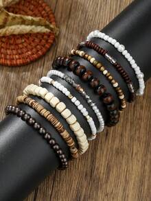 3/9pcs Natural Coconut Shell & Wooden Bead Bracelet Set, Suitable For Daily Wear, Vacation, Travel, Or Gift For Friends (May Have Slight Color Difference Due To Lighting During Photography) - Multicolor - View 14
