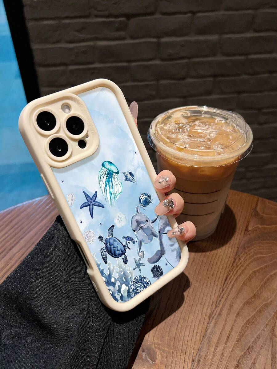 Dolphin Turtle Jellyfish Seashells Phone Case Compatible With  17  16 Pro Max  15 Pro Max  13 And  12 Made Of TPU Material Providing Shock And Drop Protection A Great Gift For Family Friends Loved Ones Boyfriends/Girlfriends And For Christmas - White - View 1