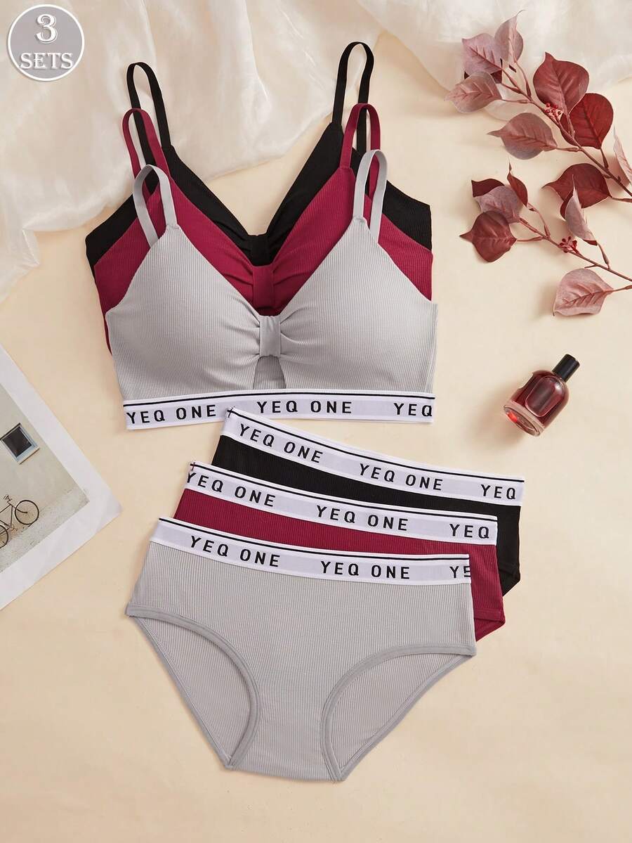 3SETS Ladies Hollow Out French Lingerie Set, Wireless Comfort, Letter Print Beautiful Back With Chest Pad, Sports Bra Briefs Suit