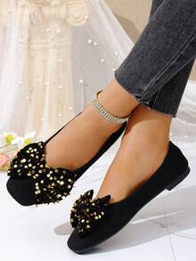 Women's Square Toe Slip-On Casual Flat Shoes With Glitter Bow Decor - Black - View 2
