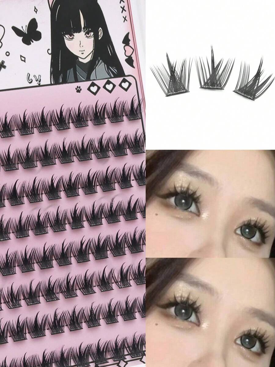 96pcs Natural Single Cluster Self-Adhesive False Eyelashes - Transparent Lash Stems. Realistic Cartoon-Style Lashes, Lightweight And Glue-Free, Dense, Curled And Lengthened. Self-Adhesive Design, Perfect For Bare-Faced Or Natural Makeup. - C - Xem 1