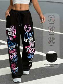 Plus Women's Fun Graffiti Printed Casual Belt Drawstring Long Wide Leg Sports Pants
