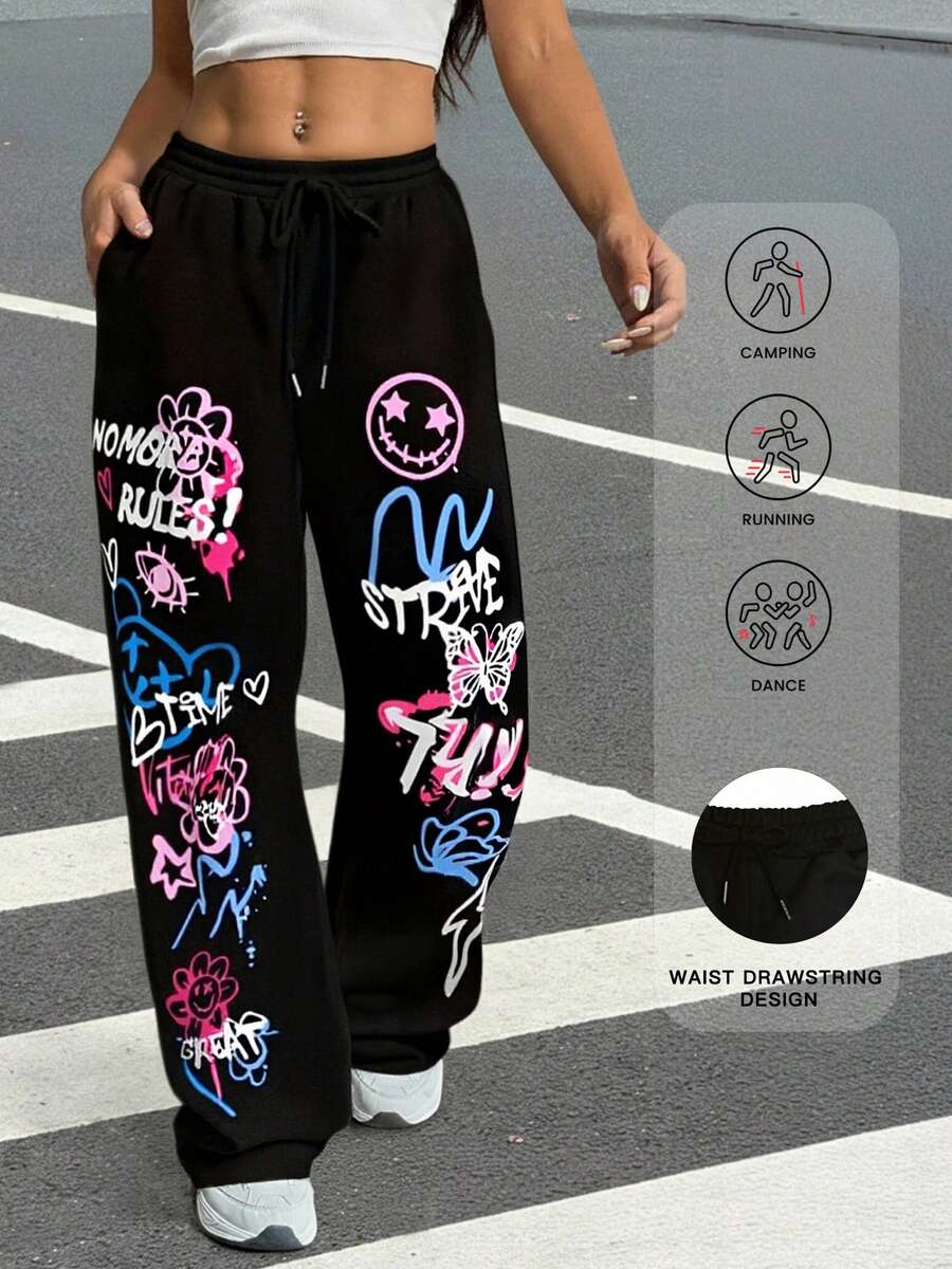 Plus 女士趣味涂鸦印花休闲腰带抽绳长款阔腿运动裤