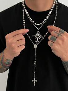 3pcs Punk Cross Pendant Necklace Set, Personalized Metal Beaded Chain Y-Necklace, Suitable For Daily Wear, Party, And Holiday Gifts