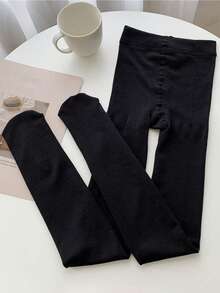 1 Pc Of Thin Thermal Lined Women's Black Pantyhose, High-Stretch Tights, Suitable For 20-25°C - Black - View 2