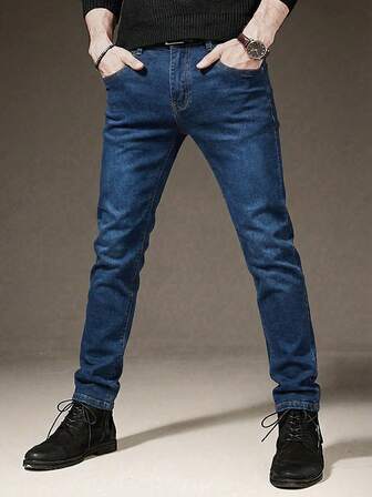 Stretch Denim Jeans For Men, Skinny Fit Business Casual Pants, Slim Fit Denim Trousers, Washed Elastic Jeans For Daily Wear, Fashion
