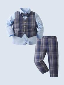 BOARNSEORL 3pcs Young Boys Gentleman Outfit - Blue Long Sleeve Shirt With Bow Tie, Light Purple Vest And Light Purple Pants, Fashionable, Elegant, Suitable For Birthday Party, Wedding, Ceremony, Daily Wear - Mauve Purple - View 2