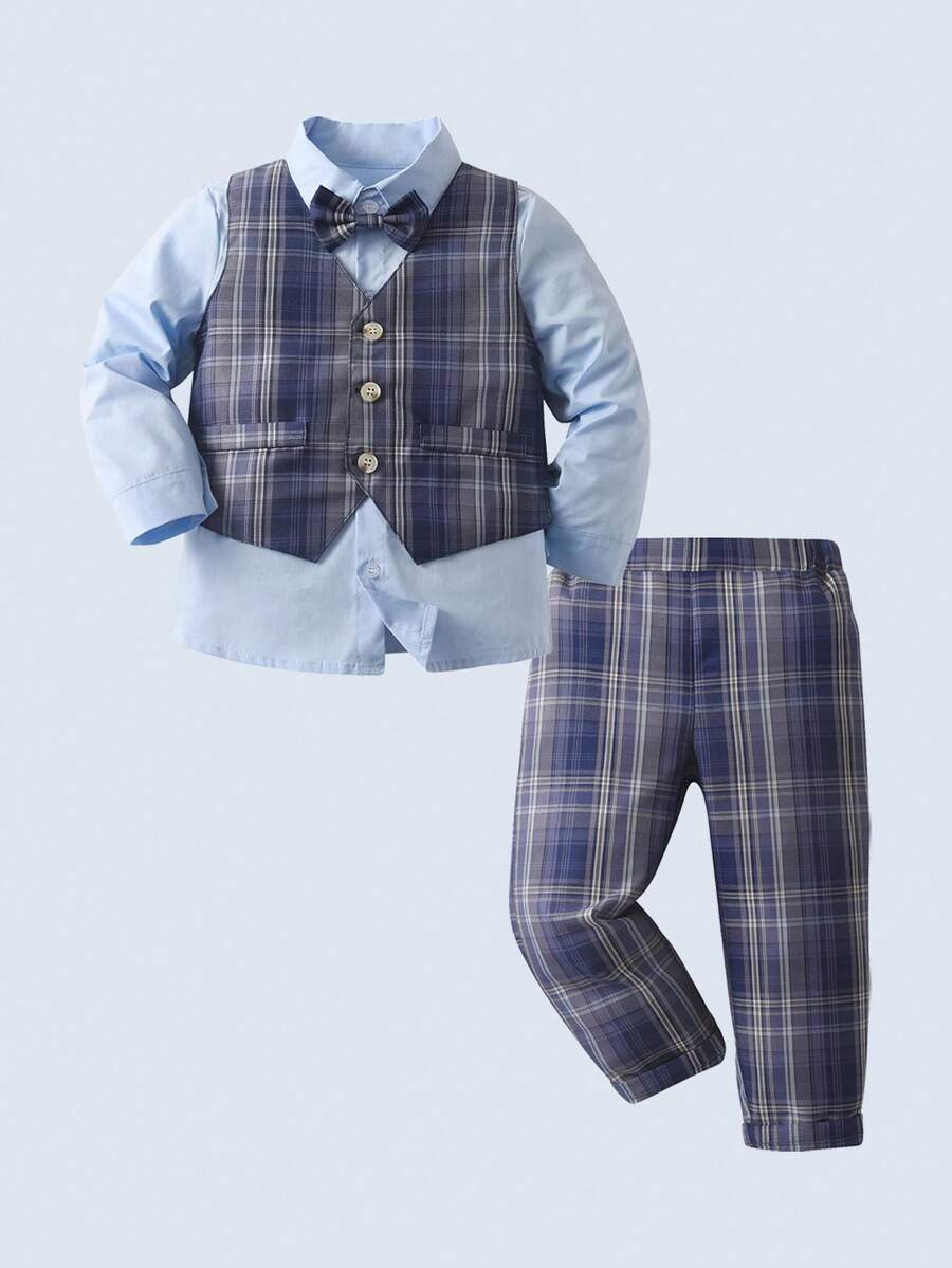 BOARNSEORL 三件套男童绅士套装 - 蓝色长袖衬衫配领结、浅紫色马甲和浅紫色裤子，时尚优雅，适合生日派对、婚礼、庆典、日常穿着。 - 淡紫色 - 查看 1