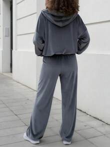 Plus Size Women 2 Piece Set, Solid Color Hooded Zip-Up Long Sleeve Sweatshirt/Jacket + Wide Leg Pants, Casual Loose Plus Size 2 Piece Outfit, Plus Size Winter Clothing, New Year Women Apparel - Grey - View 3