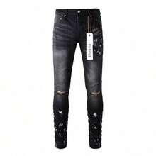 2026 Purple Men's Streetwear Paint Splatter Elastic Slim Leg Jeans - 灰色 - 查看 4