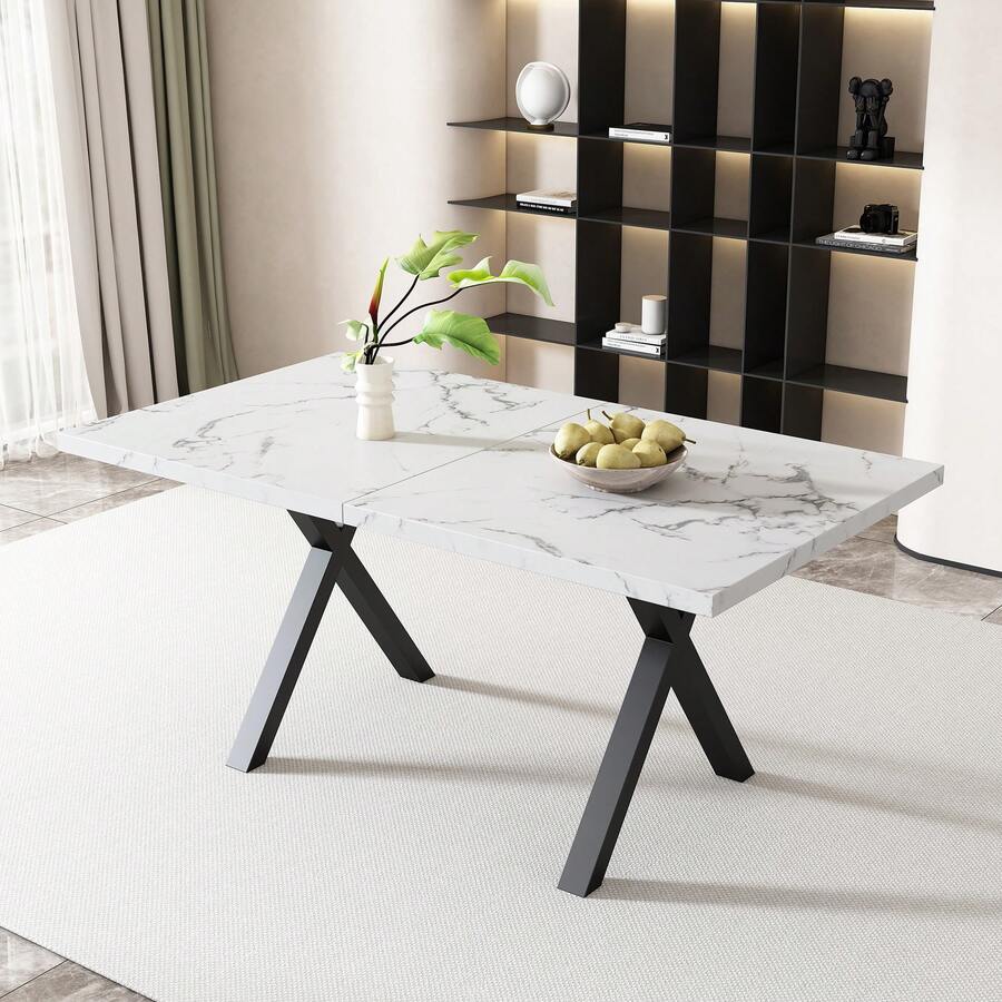 Rectangular Dining Table With Crossed Legs, Which Can Also Be Used As A Coffee Table. Modern And Minimalist Style. Dimensions: L 140 X W 80 X H 76 Cm. Marble, Black And White Finish. [Previous Reference: N634P243975W] - White Marble + MDF - View 1
