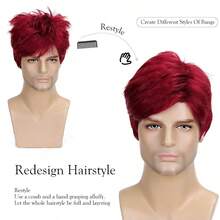 6inch Unisex Red Short Wig, European & American Fashion Side Part Synthetic Hair Wig With Clip Net - Red - View 4