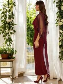 HOMEYEE 女士酒红色修身针织连衣裙，优雅透视网纱派对鸡尾酒礼服 - 酒紅色 - 查看 4