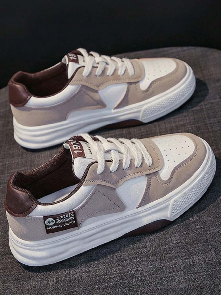 Zapatillas casuales y elegantes para mujer, zapatos de plataforma para estudiantes transpirables y de moda, zapatillas blancas transpirables para mujer, zapatillas con cordones antideslizantes para todas las estaciones para mujer, estilo para todas las estaciones, zapatos planos para mujer con bloques de color. - Caqui - Ver 1