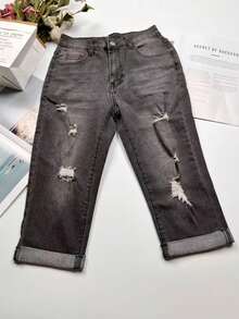 女士优雅休闲破洞卷边七分牛仔裤，适合秋夏季通勤和外出穿着 - 中灰色 - 查看 3