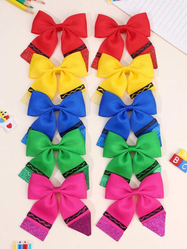 10pcs/2pcs Moños para el cabello de regreso a la escuela para niñas, clips para el cabello con lápiz en rojo, verde, amarillo, azul y rosa, accesorios para el cabello lindos, barrettes y regalos
