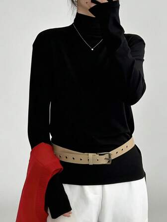 Women's Solid Color Turtleneck Long Sleeve Undershirt T-Shirt, Suitable For Home, Daily Wear, And Layering