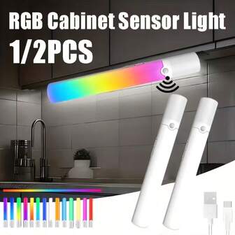 1/2 יחידות רצועת RGB חכמה עם חיישן תנועה, מנורת לילה מתחת לארון, מנורת לילה עם חיישן תנועה אנושי, מנורת קיר פנימית מתכווננת RGB, נטענת ב-USB, מתאימה לבית, למטבח, לארון בגדים, לתאורת מדף ספרים (1200mAh)