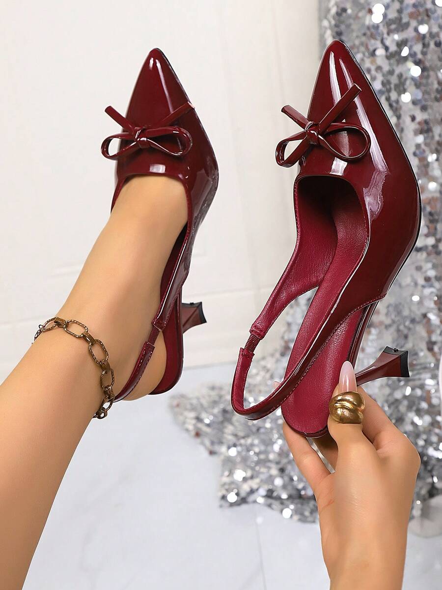 Women's High Heel Pumps, Spring New Pointed Toe High Heels, Sexy Stiletto Mirror Patent Leather Bow Slip-On Sandals, 2-In-1 Shoes, High Heels, Fashion Burgundy Bow Tie Sandals - Burgundy - View 1