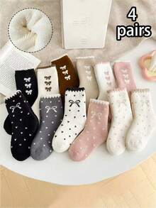 4双儿童洛丽塔蝴蝶结荷叶边短袜，保暖舒适中筒袜，ins风，秋冬款 - 彩色 - 查看 5