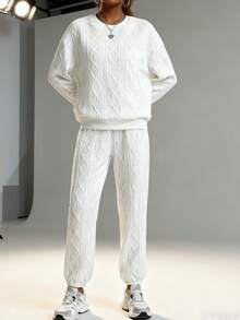 New Autumn And Winter Solid Color Woven Casual Loose Women's Sweater Suit, Women's Casual Polyester Fiber Round Neck Long Sleeve Sweater Pants Suit, Solid Color Fabric, All Season Casual Wear,Cable Knit Two-Piece Set: Hoodie & Joggers, Retro Texture For Cozy Daily Wear,Relaxed Cable Knit Outfit: Soft Fabric, Matching Design, Versatile For Casual/Chill - trắng - Xem 5