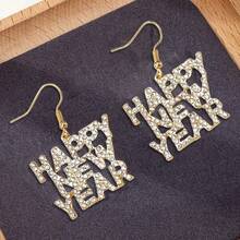 1 Pair Of Creative, Diamond-Encrusted, Simple And Fashionable "Happy New Year" English Letter Earrings, Suitable For Wearing During The Spring Festival - Multicolor - View 4