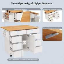 Modern Kitchen Island, Kitchen Unit, Extendable Rolling Cart With Worktop, Serving Trolley With Spice Rack And 8 Drawers, White - White - View 2