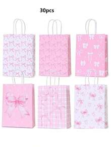 6/12/30 piezas Bolsas de regalo con tema de lazos rosas - Elegantes bolsas de papel con asas, adecuadas para bodas, despedidas de soltera, cumpleaños y ocasiones especiales, decoradas con lazos, estrellas y patrones geométricos en tonos rosas, ideales para obsequios de fiesta de boda | Bolsas con asas resistentes, bolsas de recuerdo para despedida de soltera, decoraciones para fiesta de Navidad - Multicolor - Ver 13