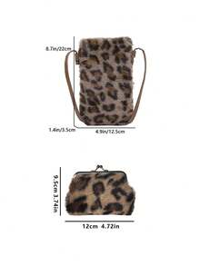 Women's Plush Faux Fur Leopard Print Crossbody Bag And Plush Leopard Print Coin Purse Set,Fashion Coin Purse,Leopard Print Fashion Minimalist Shoulder Bag, Magnetic Snap Closure Phone Pouch With Polyester Lining & Edge Paint Detail, Lightweight Compact Mobile Phone Bag - Multicolor - View 10