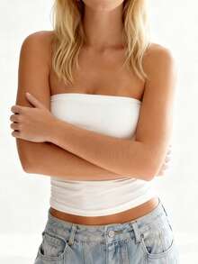 Women Strapless Tube Tops Solid Color Slim Fit Ruched Sleeveless Summer Going Out Vest - Beige - View 3