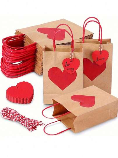 3/15/30pcs Heart-Shaped Kraft Paper Gift Bags With Red Handles - 10pcs, Suitable For Shopping, Parties, Weddings, School Events, Thanksgiving, Birthdays And Various Celebrations, Can Be Used As Gift Bags, Holiday Designs, Sturdy Handles