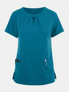 T-shirt à manches courtes à poches multiples, veste décontractée, convient pour les uniformes de nounou et de salon de beauté - Bleu azur - Voir 1