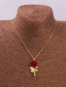 1pc Fashionable & Romantic Red Rose Pendant Necklace, Gift For Women - Red - View 3