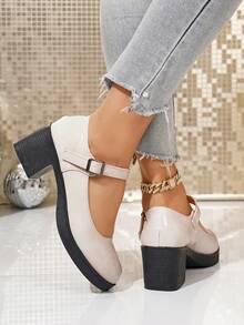 Women's Elegant Solid Color Round Toe Khaki/Beige Chunky Heel Pumps, Suitable For Office, Commuting, Party, Wear With Suits, Spring/Autumn - Chantilly - View 6