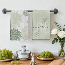 2pcs Simple Daily Green Geometric Petal "Sweet Home" Pattern Kitchen Towels, Soft Polyester Material Dish Cloths, Suitable For Kitchen Decor, Kitchen Cleaning, Holiday Party Decoration, Kitchen & Bathroom Essentials, Home Decor, Housewarming Gift - Multicolor - View 4