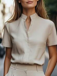 女士优雅纯色缎面短袖T恤 - 经典领口，透气面料，修身剪裁，可机洗，四季皆宜的百搭上衣，高领设计，高品质休闲服饰，夏季柔滑质感 - 米色 - 查看 2