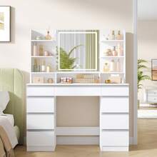 HEXCELEN Dressing Table With LED Light, Vanity Desk With 1 Large Drawer And 8 Small Drawer Cabinets, Adjustable Brightness, Large HD Mirror, 9 Open Storage Areas - Xem 2