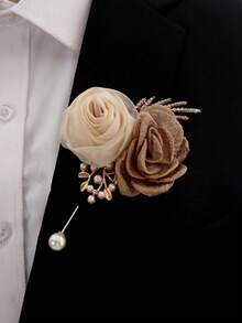 1 pièce Corsage fleur double champagne et bleu + 1 pièce décoration de fleur de poignet, élégant pour mariage, marié, mariée, demoiselle d'honneur, fête, accessoires de la Saint-Valentin pour un port quotidien - Champagne - Voir 4