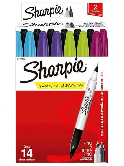  Sharpie Marcadores Permanentes, Doble Punta, Surtidos, 14 Piezas