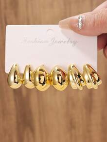 3 pares/9 pares Conjunto de pendientes de aro grueso dorado minimalista y de moda, pendientes de aro gruesos hipoalergénicos para mujeres - Dorado - Ver 3