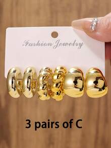 3 pares/9 pares Conjunto de pendientes de aro grueso dorado minimalista y de moda, pendientes de aro gruesos hipoalergénicos para mujeres - Dorado - Ver 7