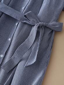 Elegant Retro Women's Plaid Mid-Length Dress, Stand Collar Short Sleeve, Button And Tie Details - Navy Blue - View 5