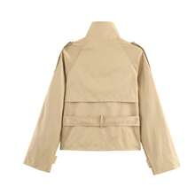 Women's Fashion Solid Color Belted Long Sleeve Jacket Casual Button Slim Fit Stand Collar Coat - Khaki - View 9