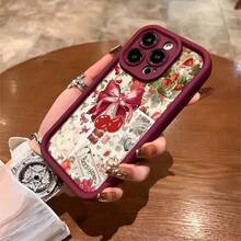 Funda de teléfono con diseño de mariposa de fresa y estilo artístico minimalista. Para Galaxy S21/S22/S23/S24/S25 Plus/Ultra,  11/12/13/14/15/16 mini/pro/plus/promax - Burdeos - Ver 2