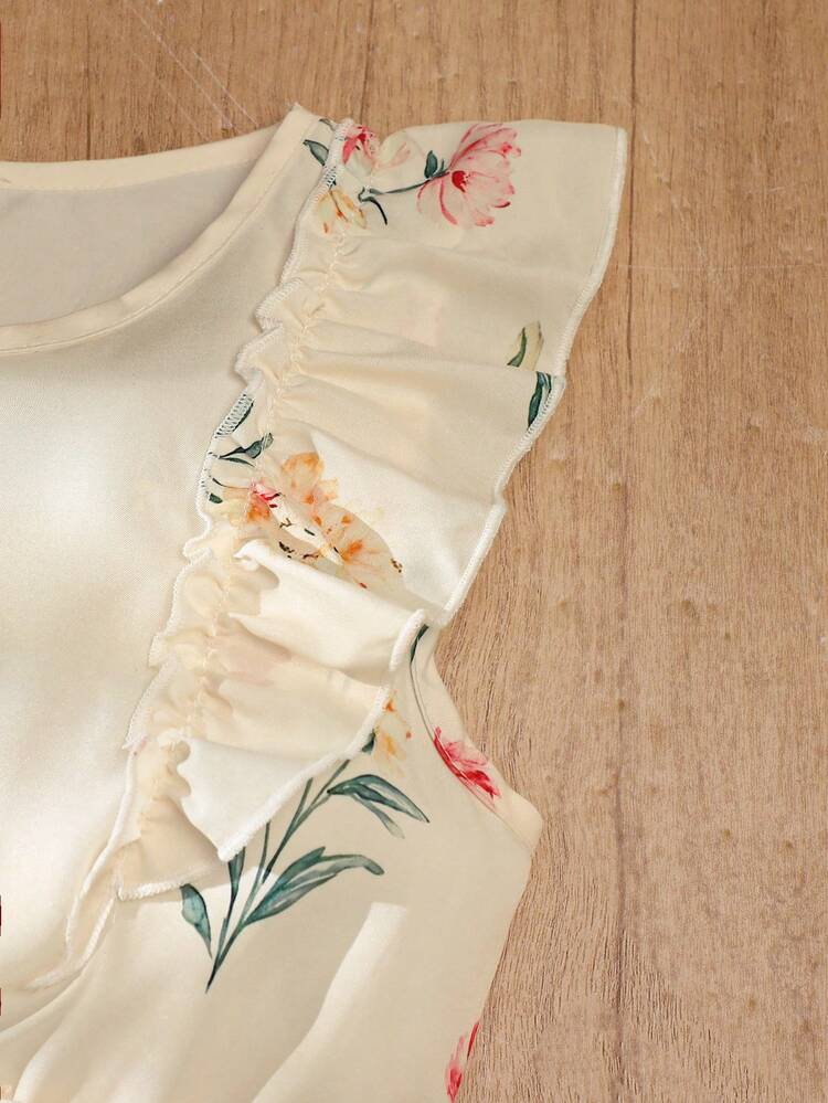Novo Vestido Regata Verão para Meninas, Vestido Evasê com Babados Florais Doces na Cintura, Vestido Princesa Estilo Pastoril Cor Damasco, Confortável e Respirável, Adequado para Meninas Maiores - Champanhe - Visão 9