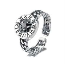 Anillo abierto de cadena retro vintage coreana de plata lisa con pentagrama romano y zirconia - Plata tailandesa envejecida vintage y piedra blanca - Ver 3